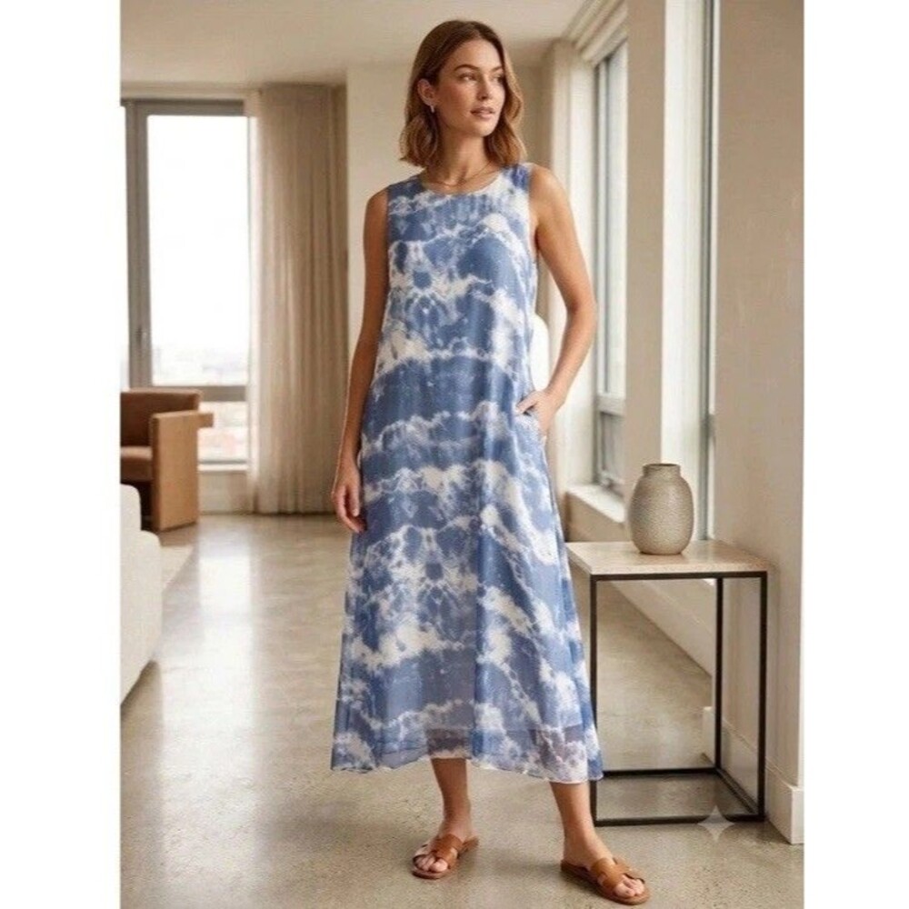 Bellambra S Italy Silk Blend Tie Dye Midi Dress Blue White Sleeveless Long Silky